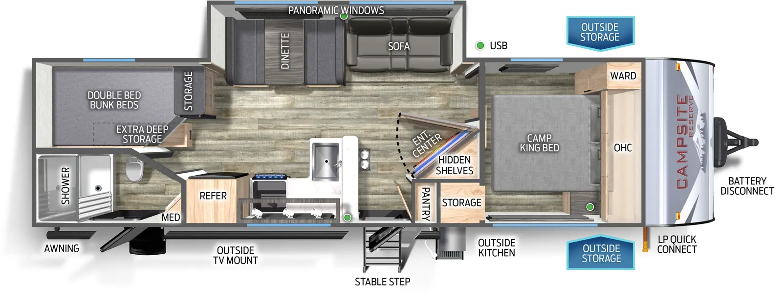 The Campsite Reserve 26CJ floorplan has two entries and one slide out. Exterior features include: metal exterior and outside kitchen. Interiors features include: bunk beds and front bedroom.